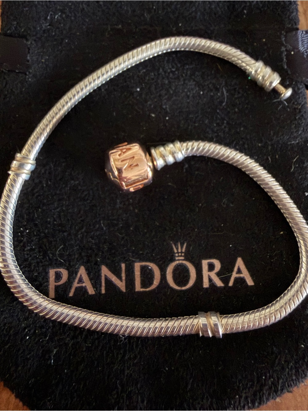 Pandora Silver Snake Chain Bracelet with Rose Gold Clasp #588781C00